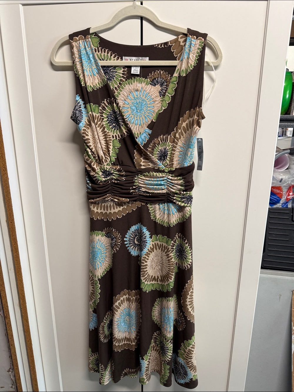 Studio Brown Sleeveless Midi Dress with Blue and Green Floral Medallions
